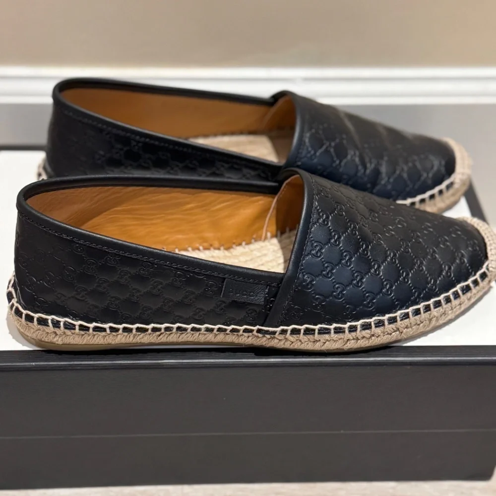 Gucci Black Embossed Leather Espadrilles with Natural Rope Edge